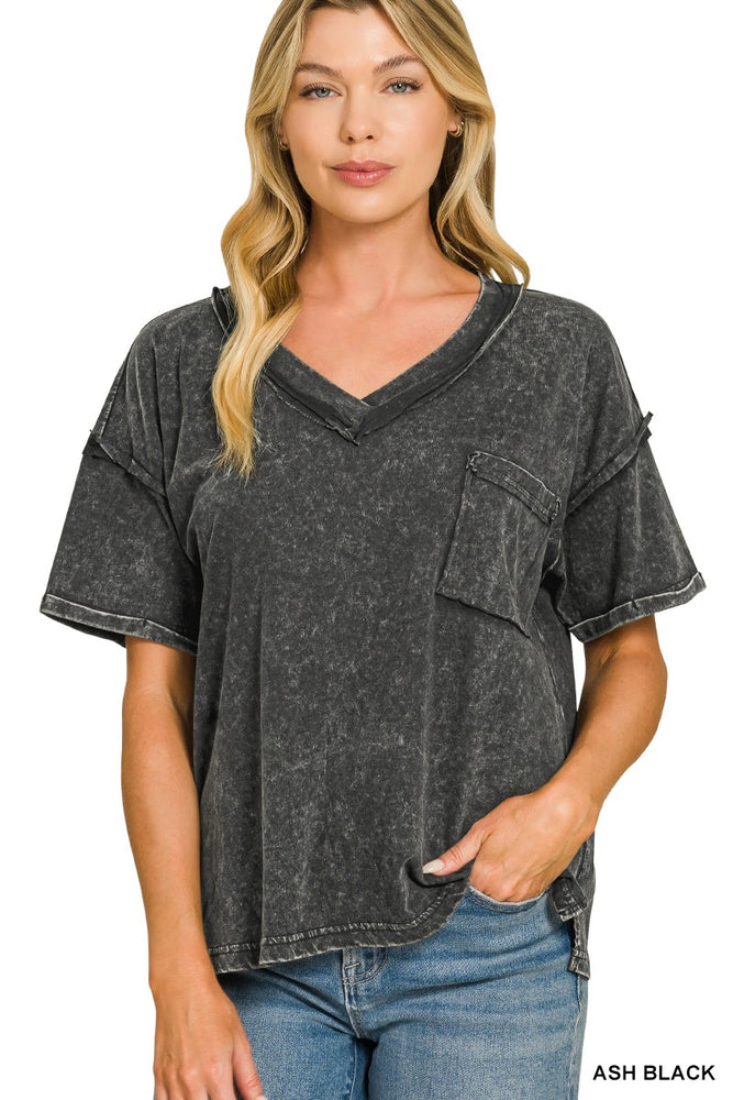 Acid Washed V-Neck Pocket T-Shirt — Ash Black