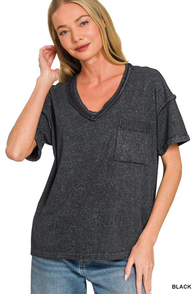 Acid Washed V-Neck Pocket T-Shirt — Black