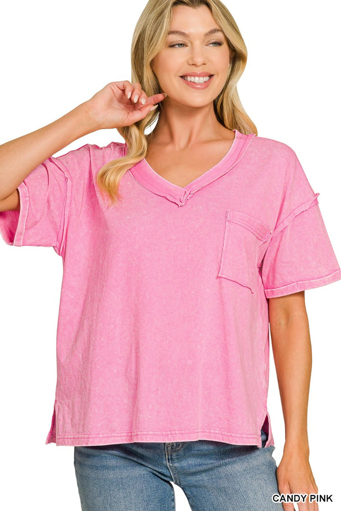 Acid Washed V-Neck Pocket T-Shirt — Candy Pink