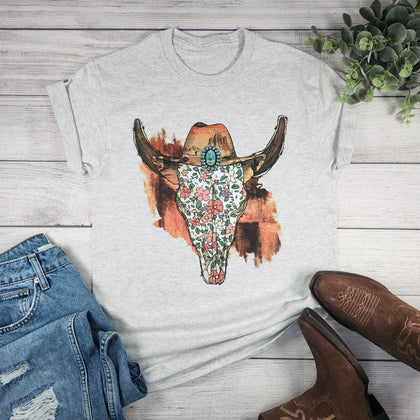 Floral Cow Skull With Cowboy Hat Graphic Tee