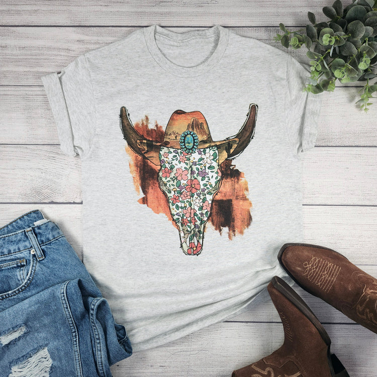 Floral Cow Skull With Cowboy Hat Graphic Tee