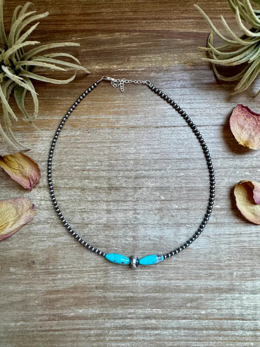 Sterling Silver Pearl & Blue Turquoise Torpedo Choker The Bijoux Fab