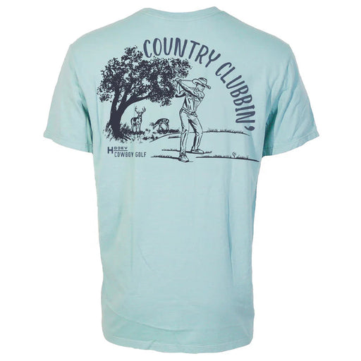 Country Clubbin' Men's Cloud Blue Crew Neck Cotton / Poly Short Sleeve T-Shirt with Black / Blue Country Clubbin' Logo on Back LECCE
