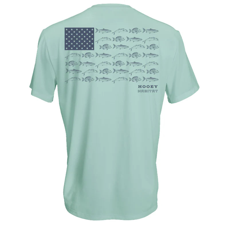 Coast Men's Cloud Blue Crew Neck Performance Short Sleeve T-Shirt with Vintage Indigo Blue Fish Flag Logo on Back