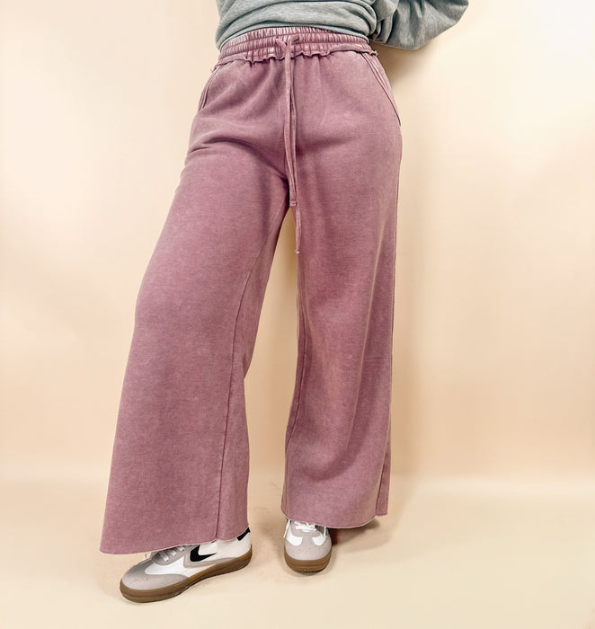 Acid Wash Fleece Palazzo Sweatpants With Pockets