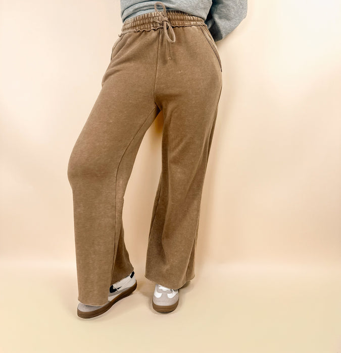 Acid Wash Fleece Palazzo Sweatpants With Pockets