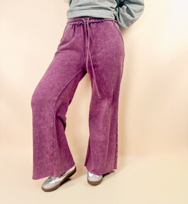 Acid Wash Fleece Palazzo Sweatpants With Pockets