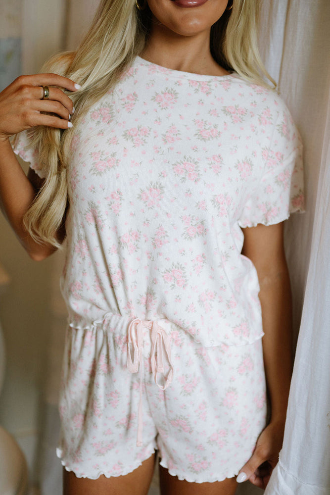 Pink Floral Lettuce Trim Tee and Shorts Ribbed Lounge Set Dear lover
