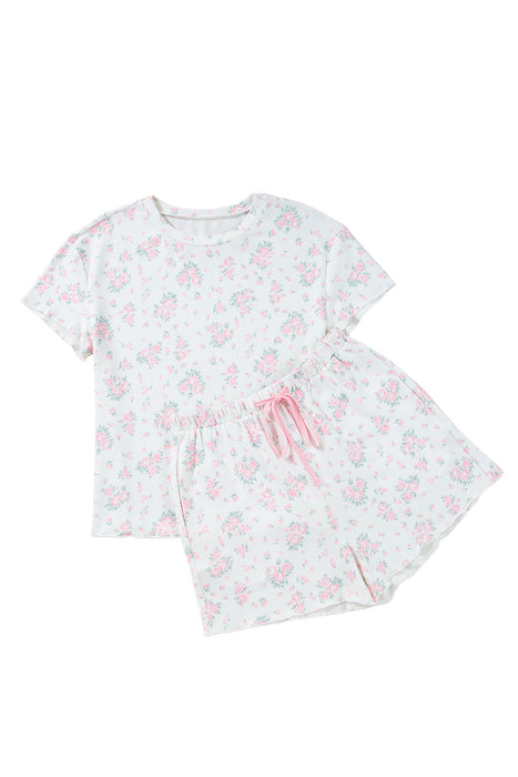 Pink Floral Lettuce Trim Tee and Shorts Ribbed Lounge Set Dear lover