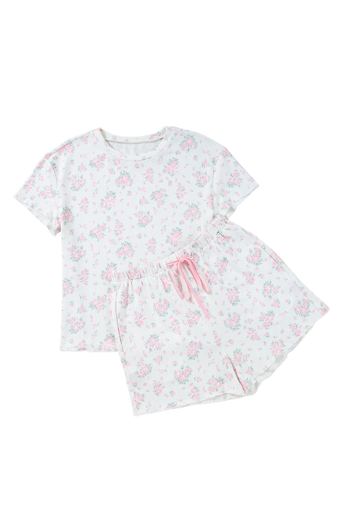 Pink Floral Lettuce Trim Tee and Shorts Ribbed Lounge Set Dear lover