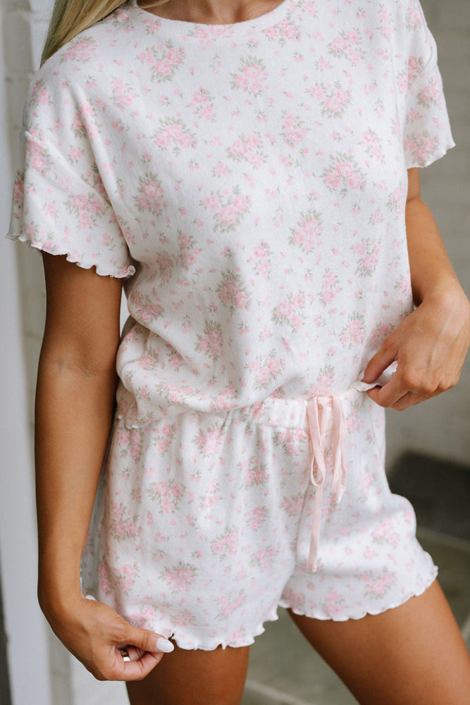 Pink Floral Lettuce Trim Tee and Shorts Ribbed Lounge Set Dear lover