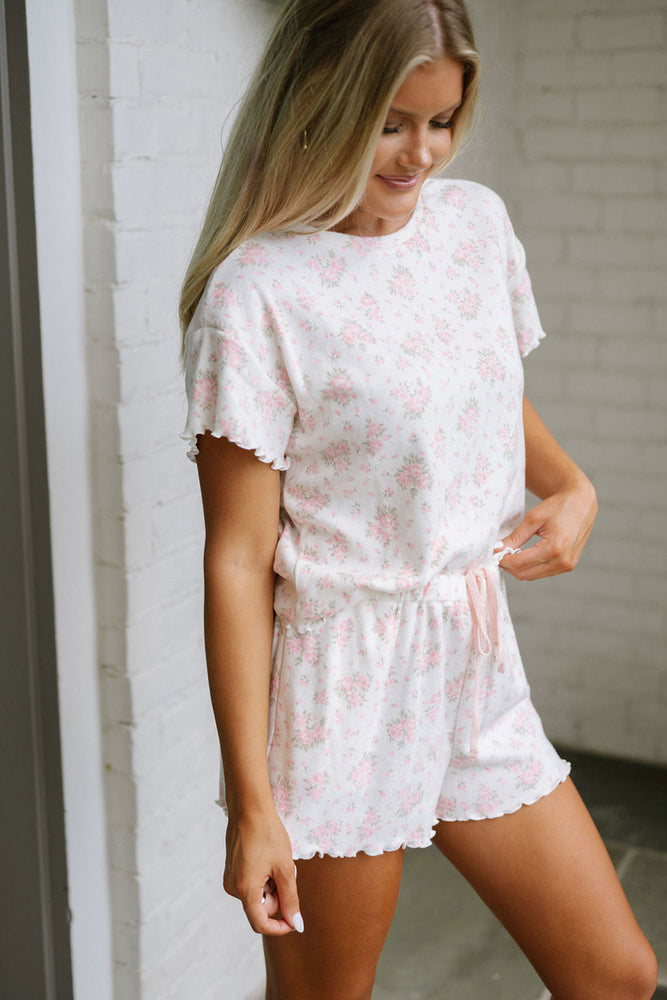 Pink Floral Lettuce Trim Tee and Shorts Ribbed Lounge Set Dear lover