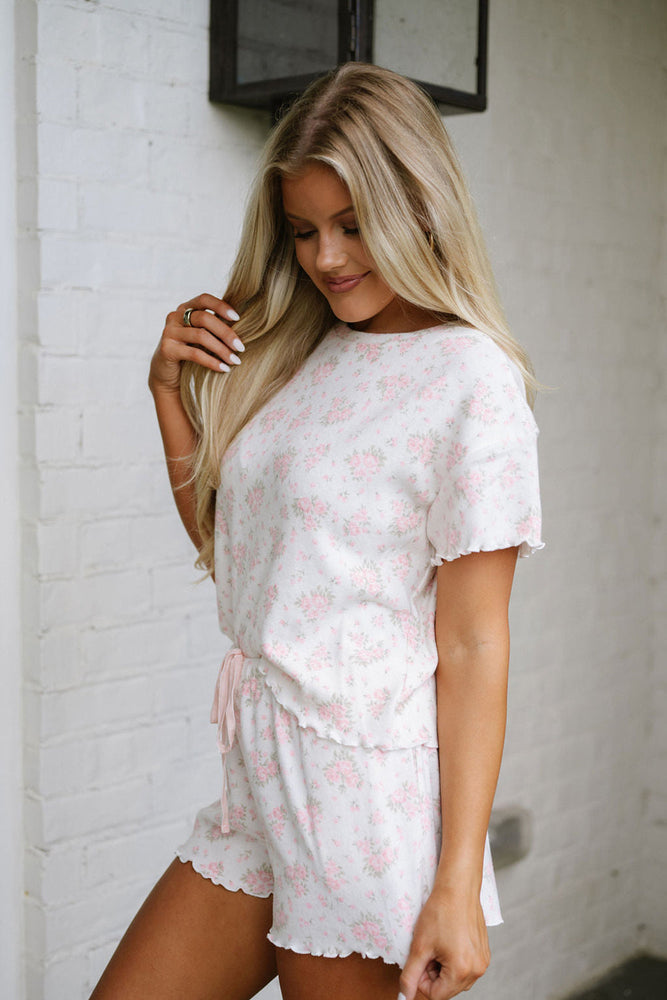 Pink Floral Lettuce Trim Tee and Shorts Ribbed Lounge Set Dear lover