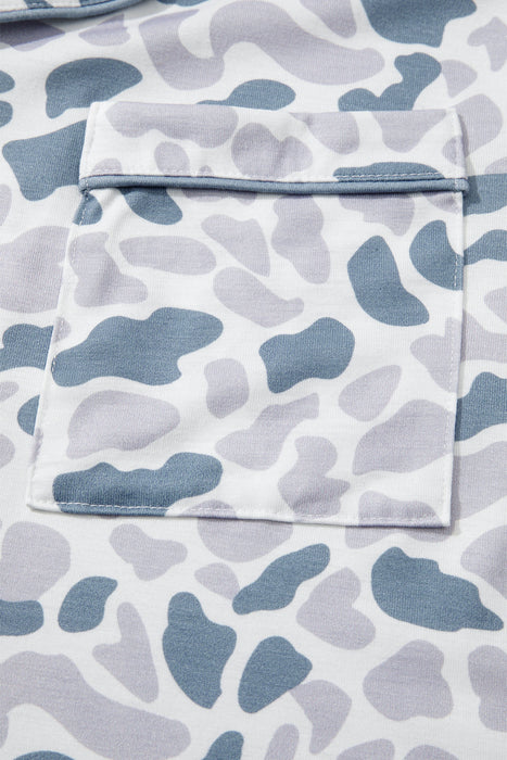 Beige Camouflage Print Lapel Shirt Drawstring 2pcs Short Pajama Set Dear lover