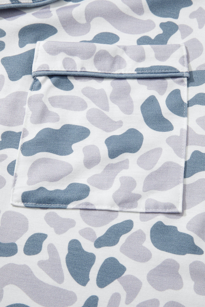 Beige Camouflage Print Lapel Shirt Drawstring 2pcs Short Pajama Set Dear lover