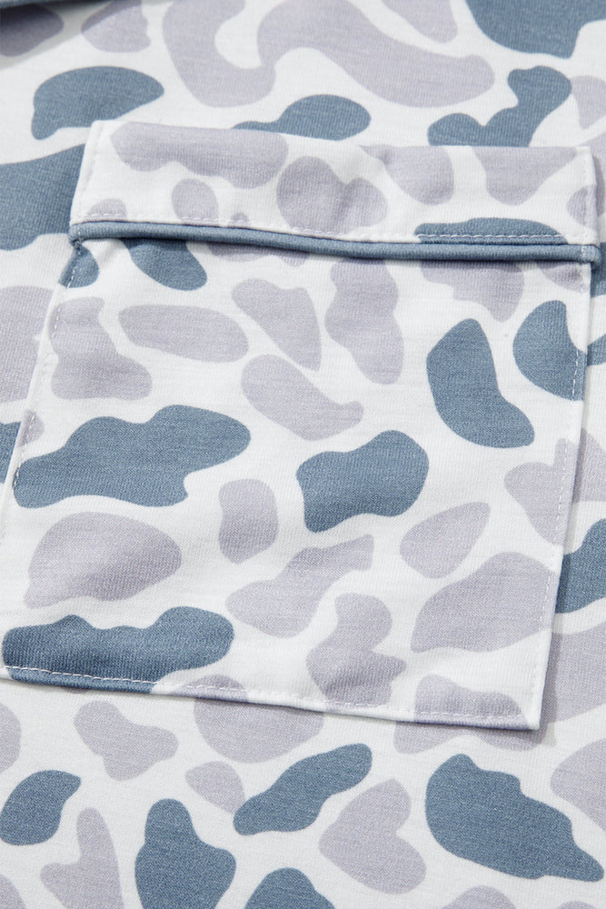 Beige Camouflage Print Lapel Shirt Drawstring 2pcs Short Pajama Set Dear lover