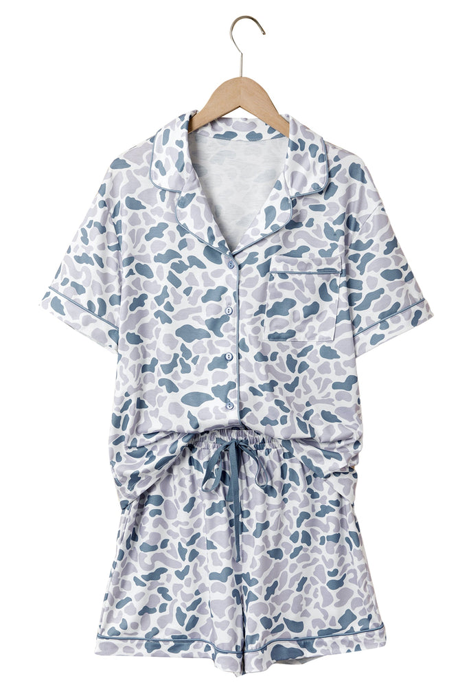 Beige Camouflage Print Lapel Shirt Drawstring 2pcs Short Pajama Set Dear lover