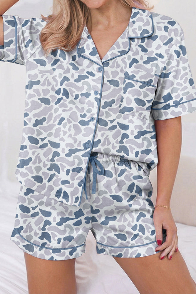 Beige Camouflage Print Lapel Shirt Drawstring 2pcs Short Pajama Set Dear lover