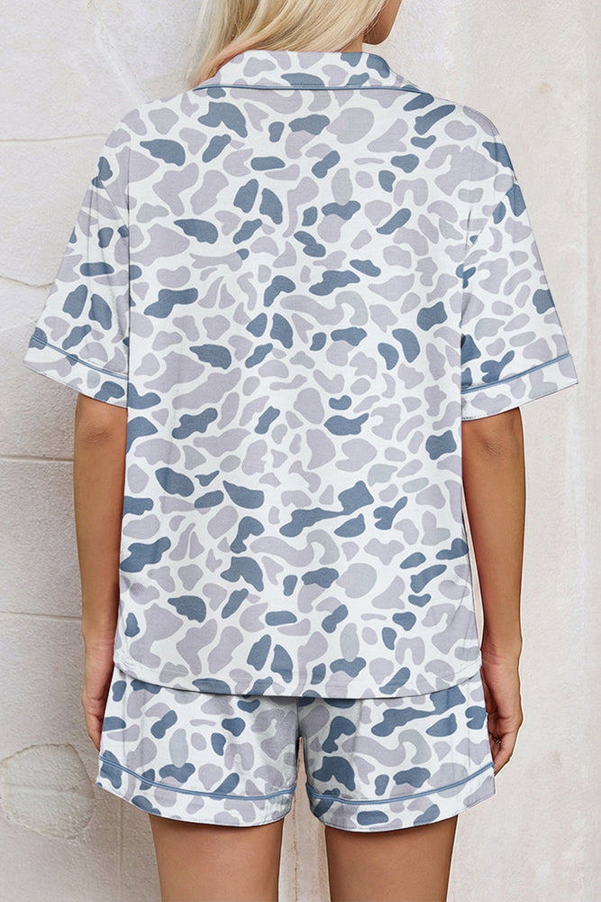 Beige Camouflage Print Lapel Shirt Drawstring 2pcs Short Pajama Set Dear lover