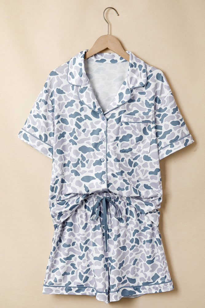 Beige Camouflage Print Lapel Shirt Drawstring 2pcs Short Pajama Set Dear lover