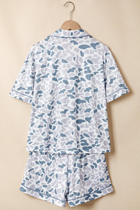 Beige Camouflage Print Lapel Shirt Drawstring 2pcs Short Pajama Set Dear lover