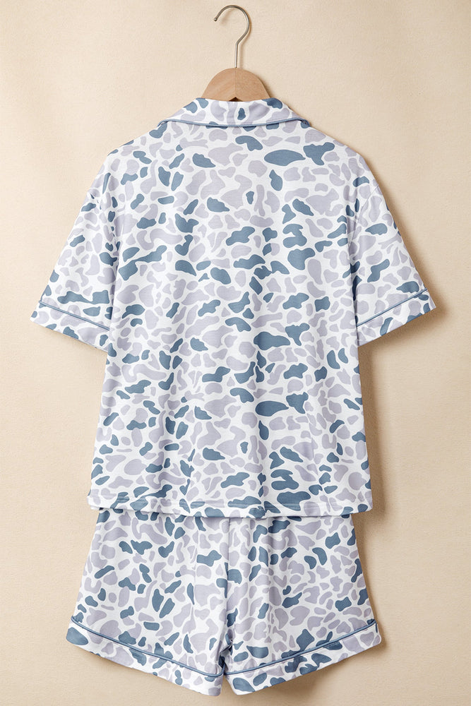 Beige Camouflage Print Lapel Shirt Drawstring 2pcs Short Pajama Set Dear lover