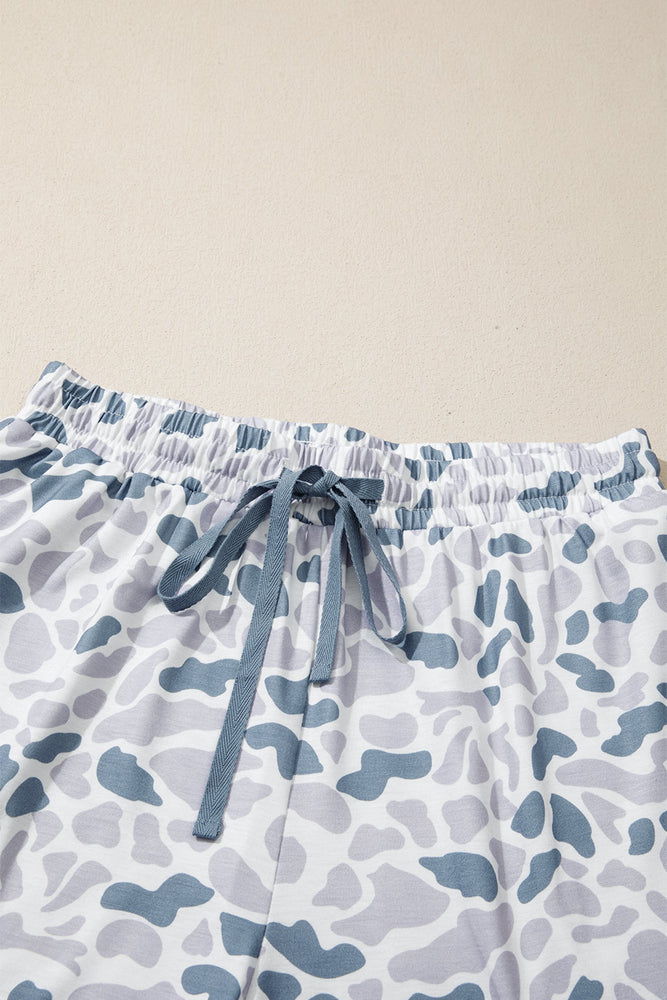 Beige Camouflage Print Lapel Shirt Drawstring 2pcs Short Pajama Set Dear lover