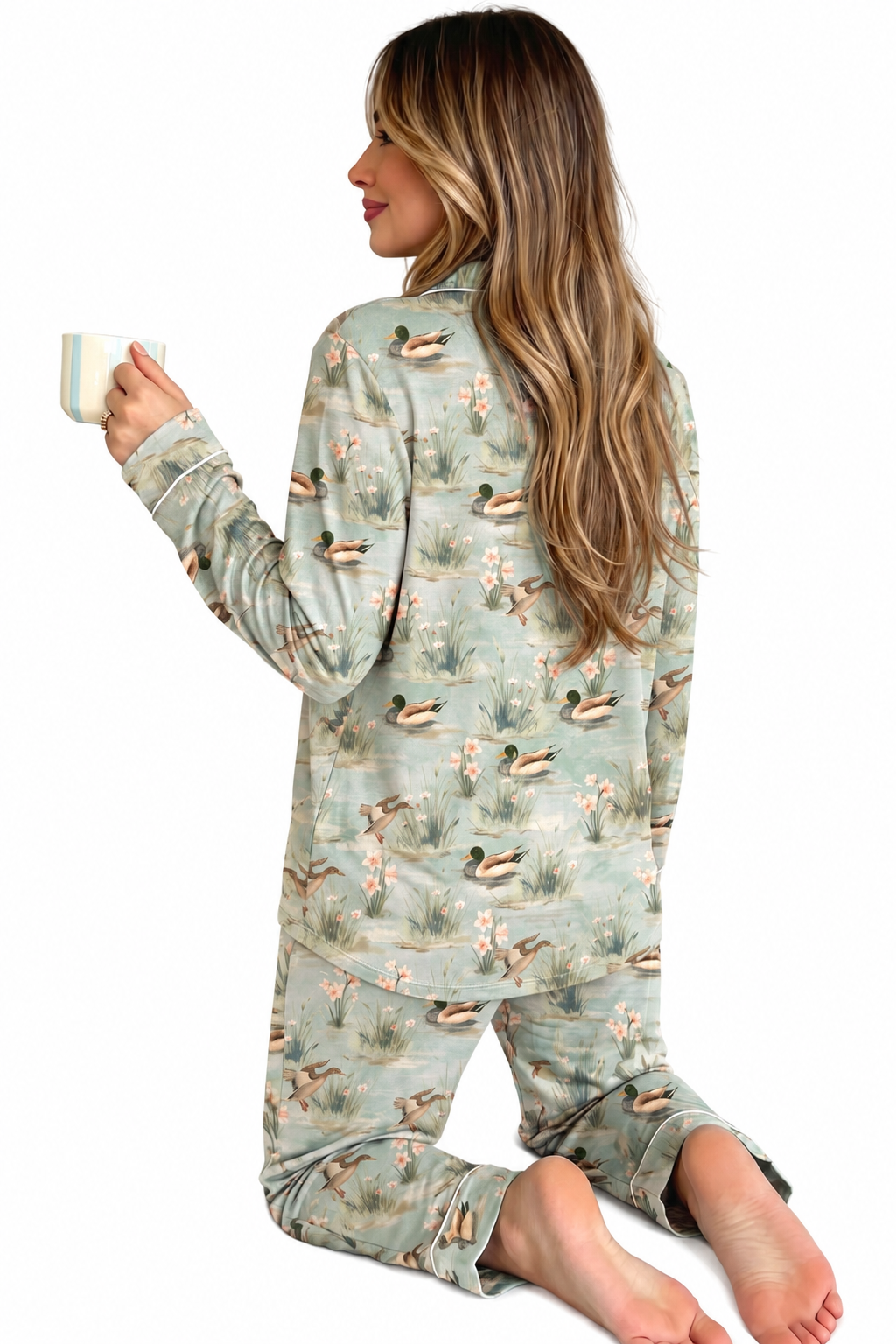 Green Floral Duck Print Pajama Set