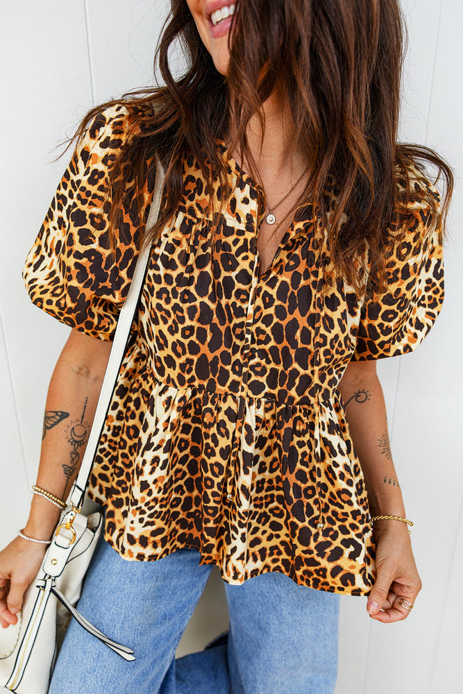 Leopard Print Short Puff Sleeve Slit Neck Babydoll Blouse Dear lover