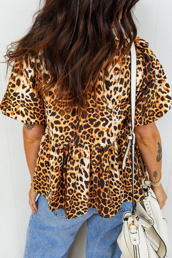 Leopard Print Short Puff Sleeve Slit Neck Babydoll Blouse Dear lover