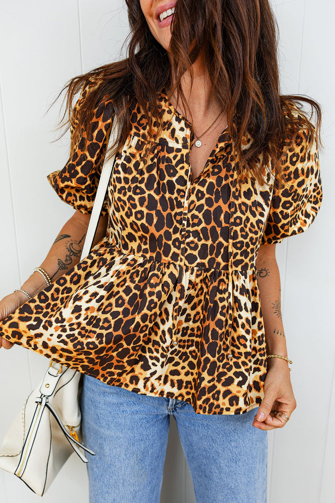 Leopard Print Short Puff Sleeve Slit Neck Babydoll Blouse Dear lover
