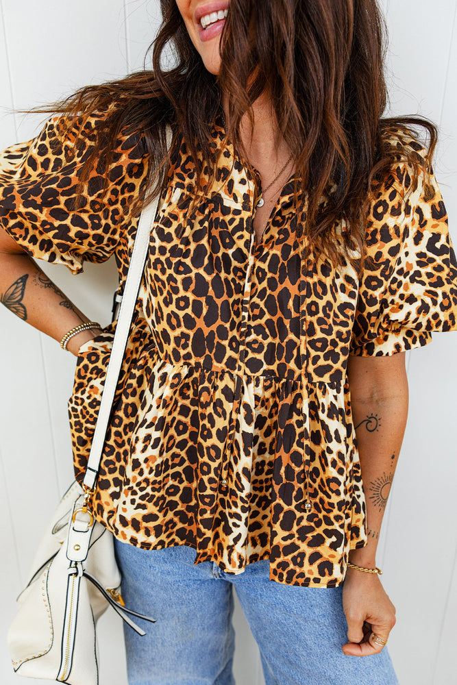 Leopard Print Short Puff Sleeve Slit Neck Babydoll Blouse Dear lover