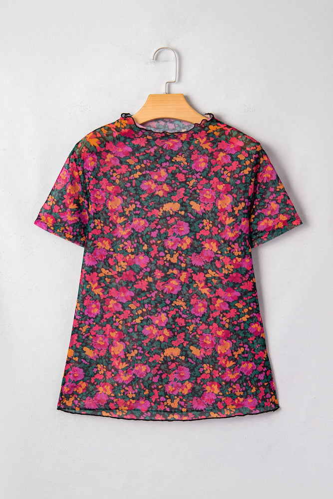 Rose Retro Floral Printed Mesh Short Sleeve Top Dear lover