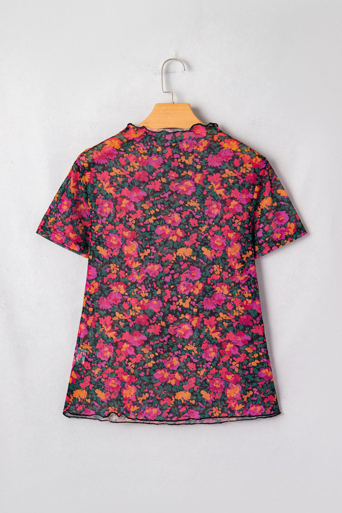 Rose Retro Floral Printed Mesh Short Sleeve Top Dear lover