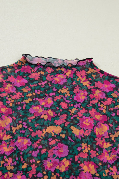 Rose Retro Floral Printed Mesh Short Sleeve Top Dear lover