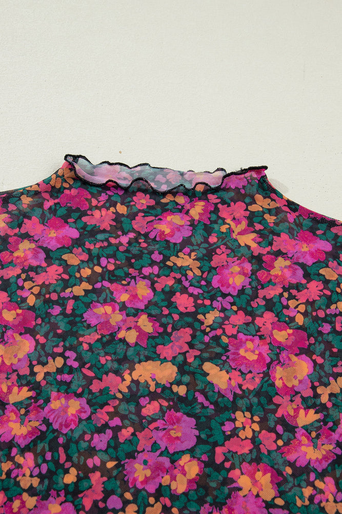 Rose Retro Floral Printed Mesh Short Sleeve Top Dear lover