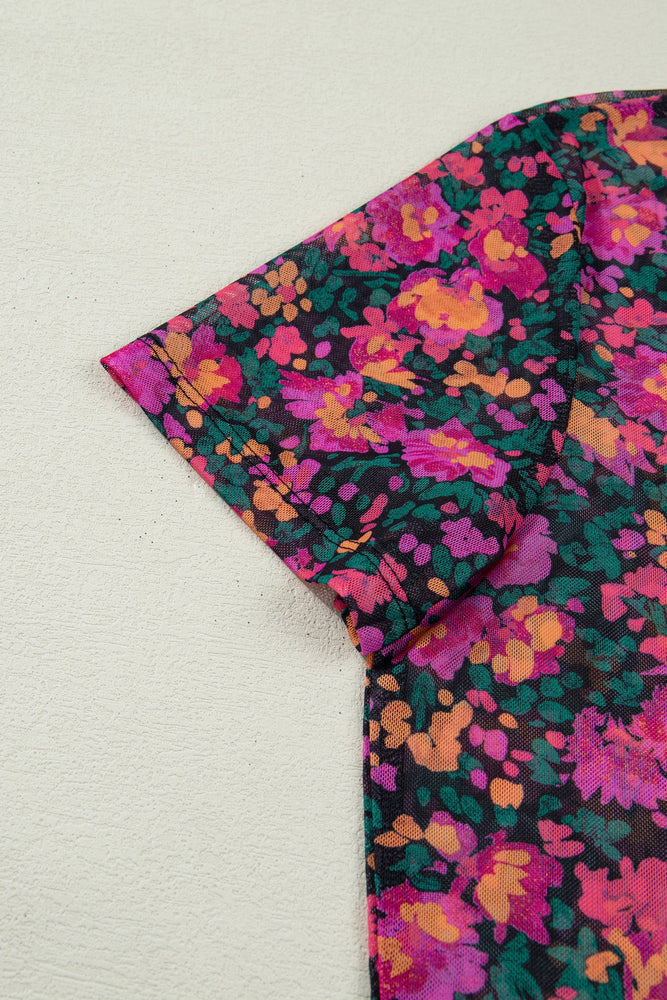 Rose Retro Floral Printed Mesh Short Sleeve Top Dear lover