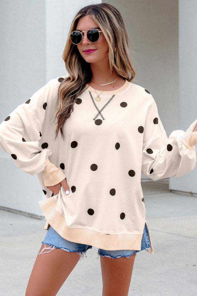 Beige polka dot pullover top view 14