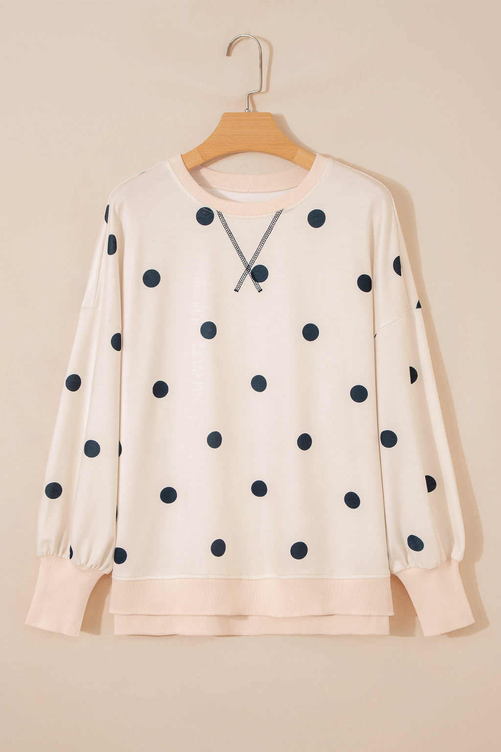 Beige Polka Dot Long Sleeve Split Hem Pullover Top