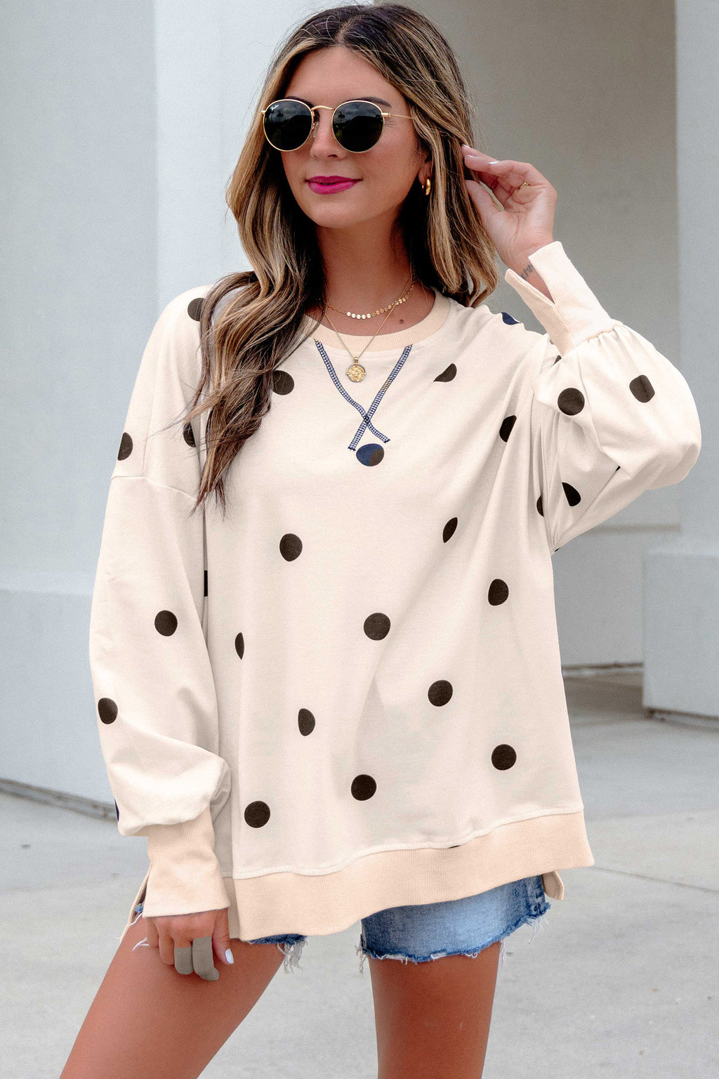 Beige Polka Dot Long Sleeve Split Hem Pullover Top