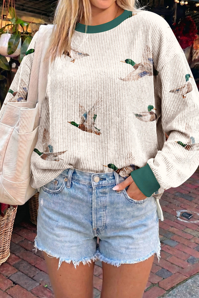 Beige duck print pullover top view 1