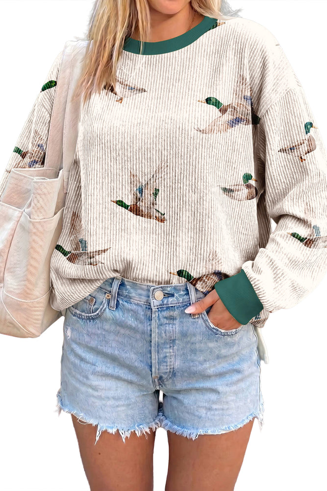 Beige duck print pullover top view 3