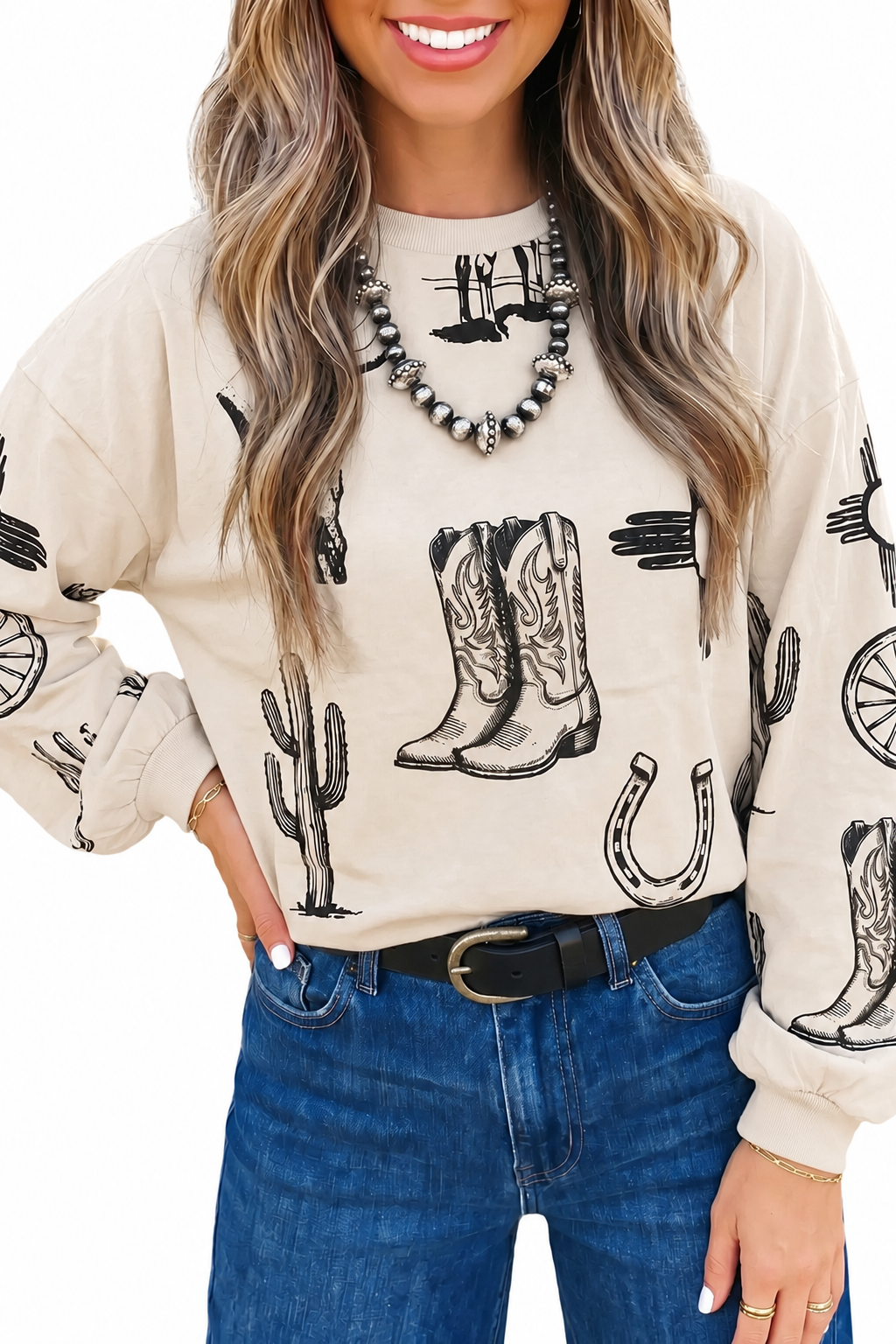 Khaki Western Print Long Sleeve Top