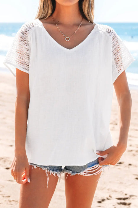 White Lace Crochet Button Back V Neck Top