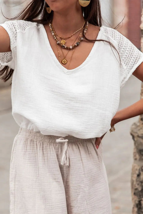 White Lace Crochet Button Back V Neck Top