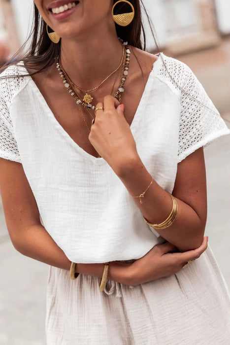 White Lace Crochet Button Back V Neck Top