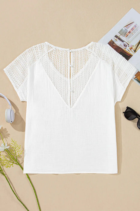 White Lace Crochet Button Back V Neck Top