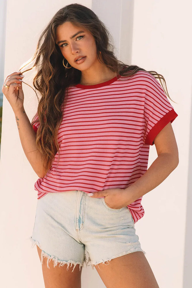 Pink Stripe Knitted Round Neck T Shirt Dear lover