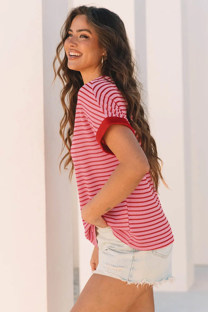 Pink Stripe Knitted Round Neck T Shirt Dear lover