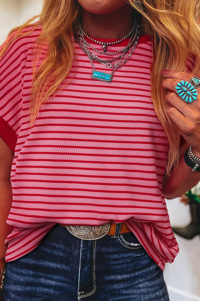 Pink Stripe Knitted Round Neck T Shirt Dear lover